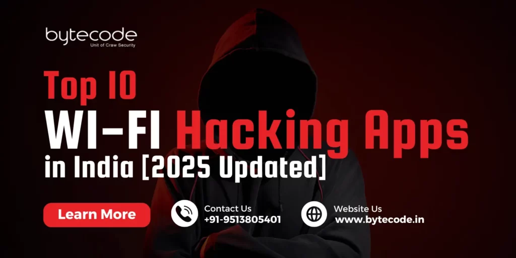 Image showing Top 10 WI-FI Hacking Apps in India. With CTA to learn more and contact details.