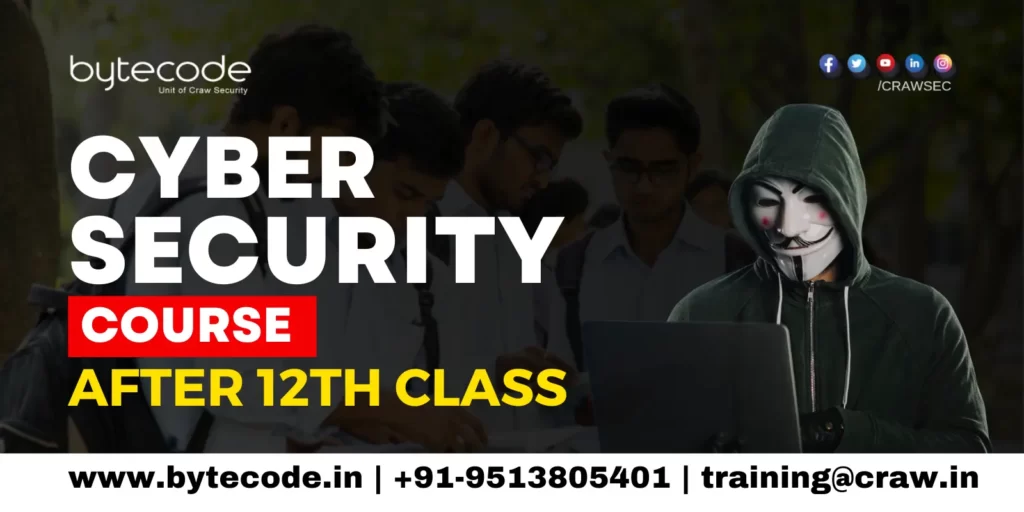 This image features students in the background, accompanied by the text "Cyber Security Course After 12th Class," alongside an illustration of a hacker.