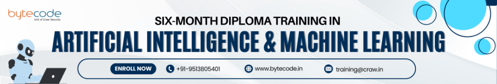 Banner showing featuring a ai robot with text six month diploma in ai and machine learning with contact details