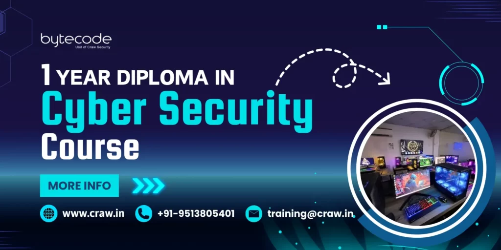 This image highlights the 1 Year Diploma in Cyber Security Course offered by Bytecode Security. With Read more and contact details.