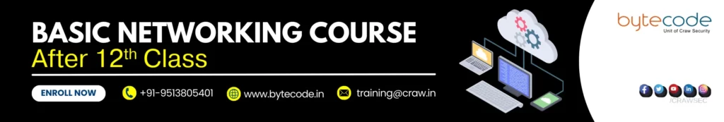 This banner image shows Best Basic Networking Course after 12th Class offered by one of the prominent institutes Bytecode Security along with contact details.