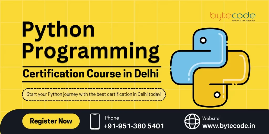 Best Python Programming Certification in Delhi offered by CRAW Academy – includes contact details and registration call-to-action on a yellow background.