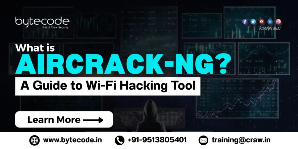 An image featuring What is Aircrack-ng? A Beginner’s Guide to Wi-Fi Hacking Tool with Bytecode Security logo and contact information.